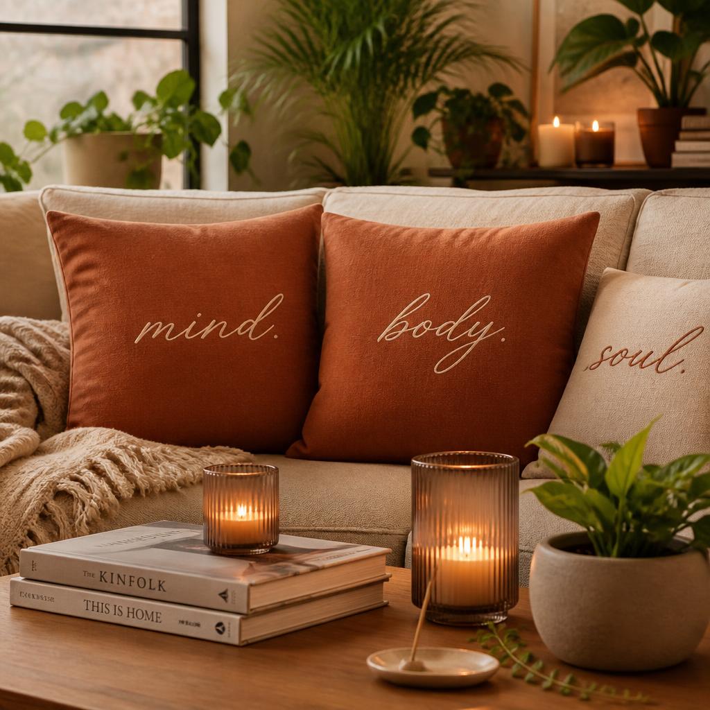 Cozy living room with mind body soul terracotta cushions